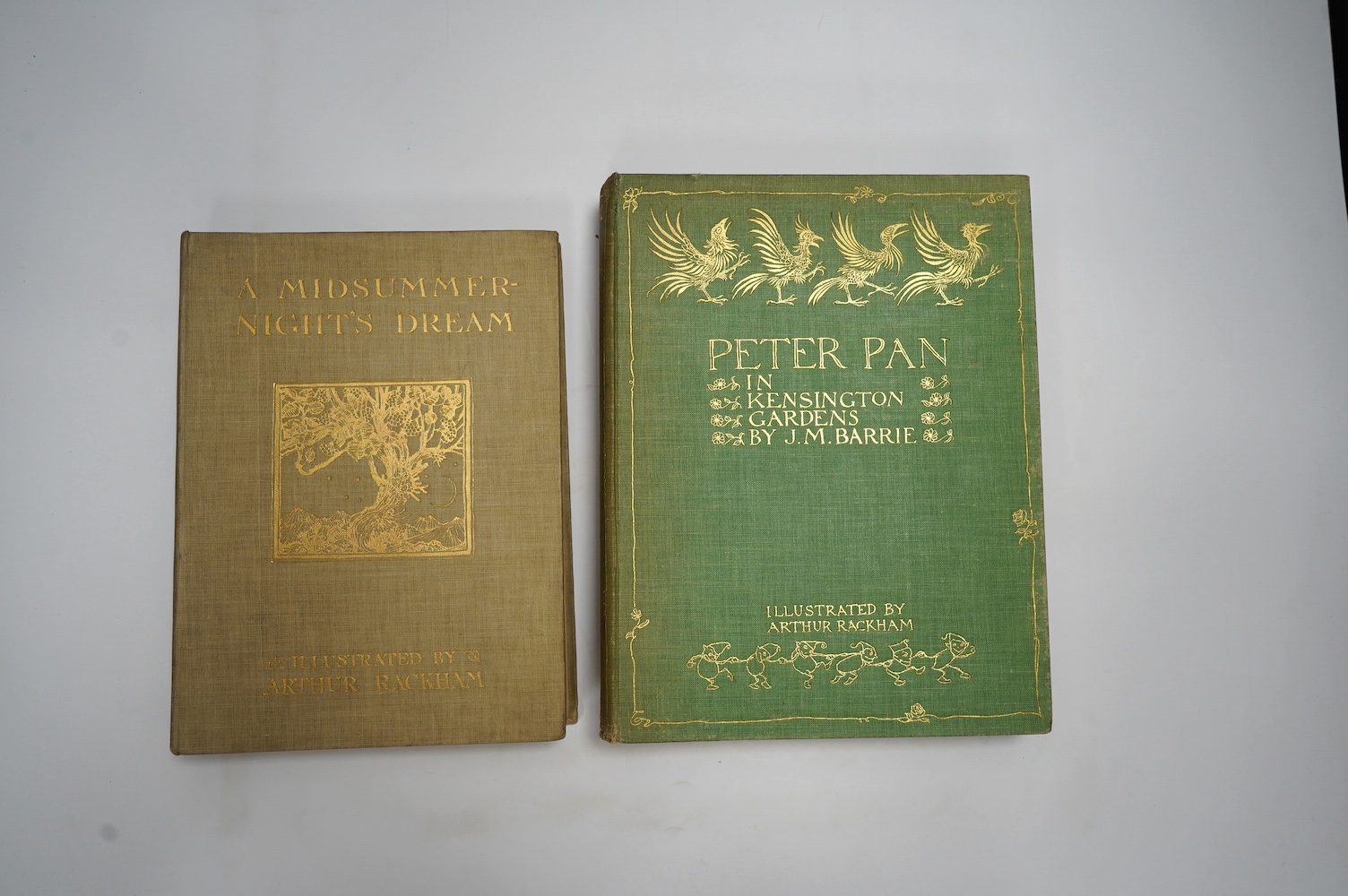 Rackham, Arthur (illustrator) – 7 works – J.M. Barrie, Peter Pan in Kensington Gardens, new edition, 4to, 50 tipped-in colour plates, captioned tissue-guards, original green cloth, decorative gilt, London, Hodder & Stoug